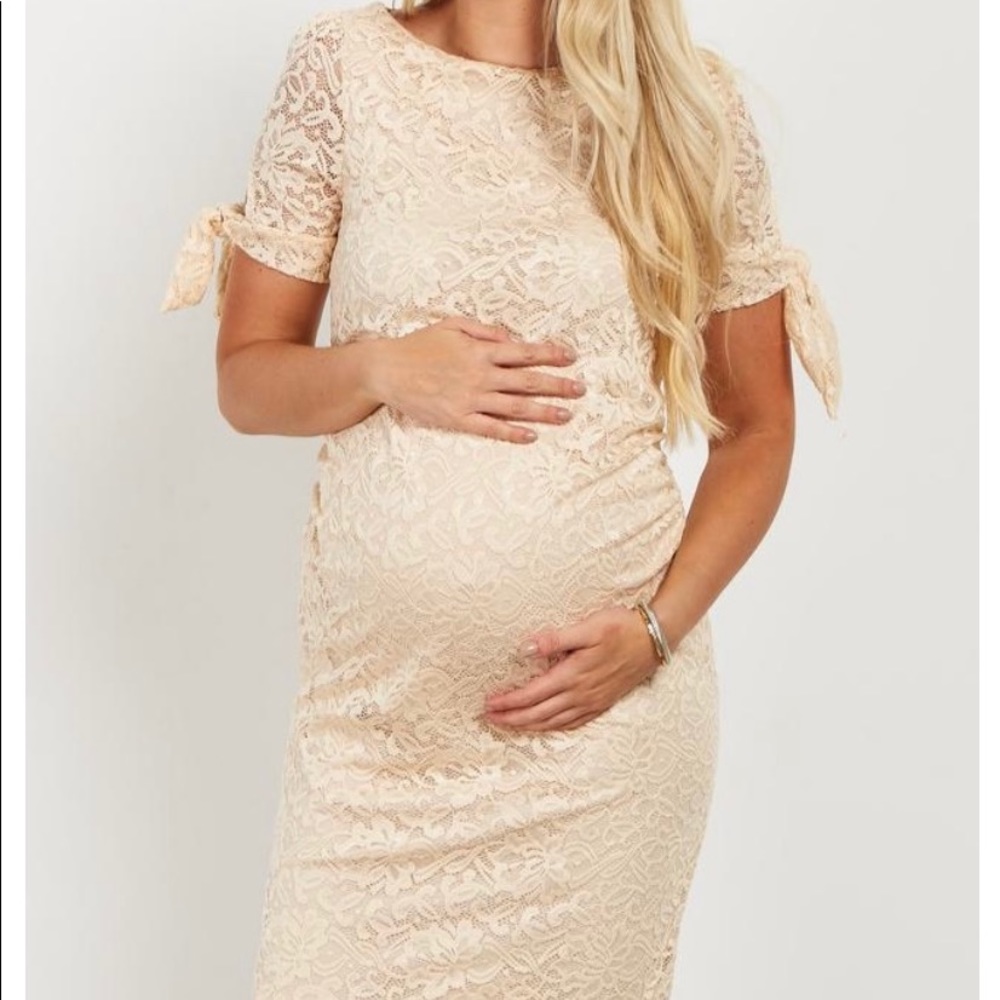 Pink blush ivory lace sleeve tie fitted dress